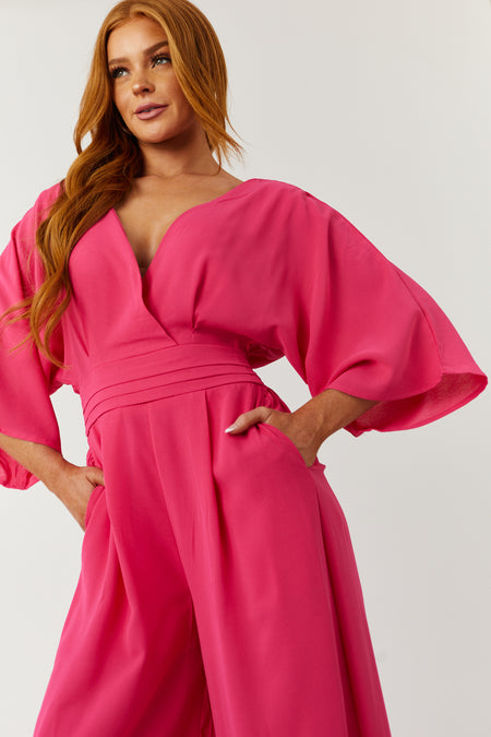 Hot Pink Deep V Neck Wide Leg Woven Jumpsuit