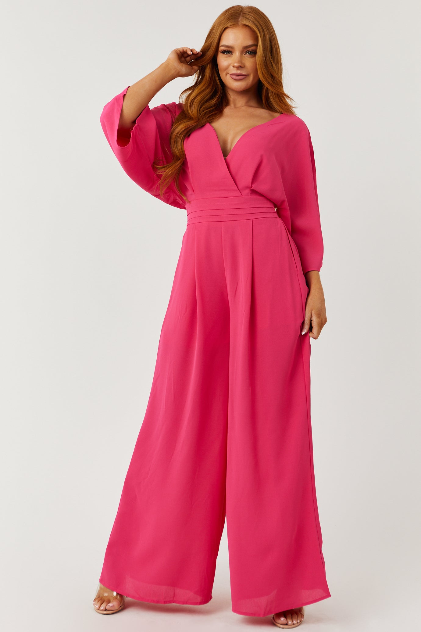 Hot Pink Deep V Neck Wide Leg Woven Jumpsuit