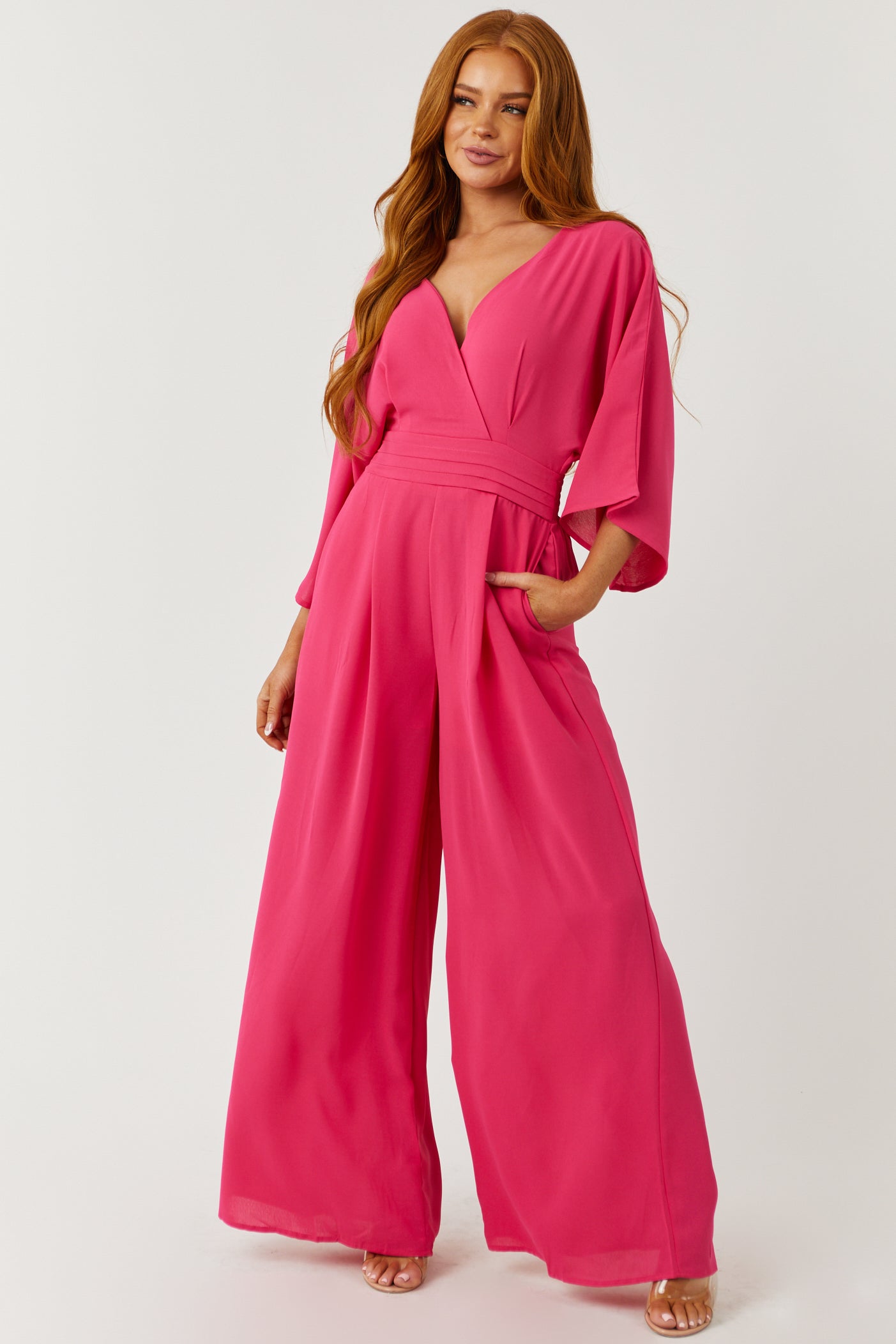 Hot Pink Deep V Neck Wide Leg Woven Jumpsuit