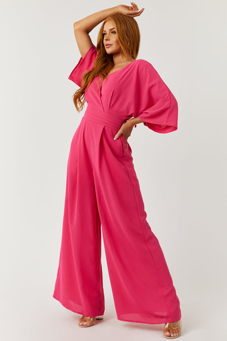 Hot Pink Deep V Neck Wide Leg Woven Jumpsuit