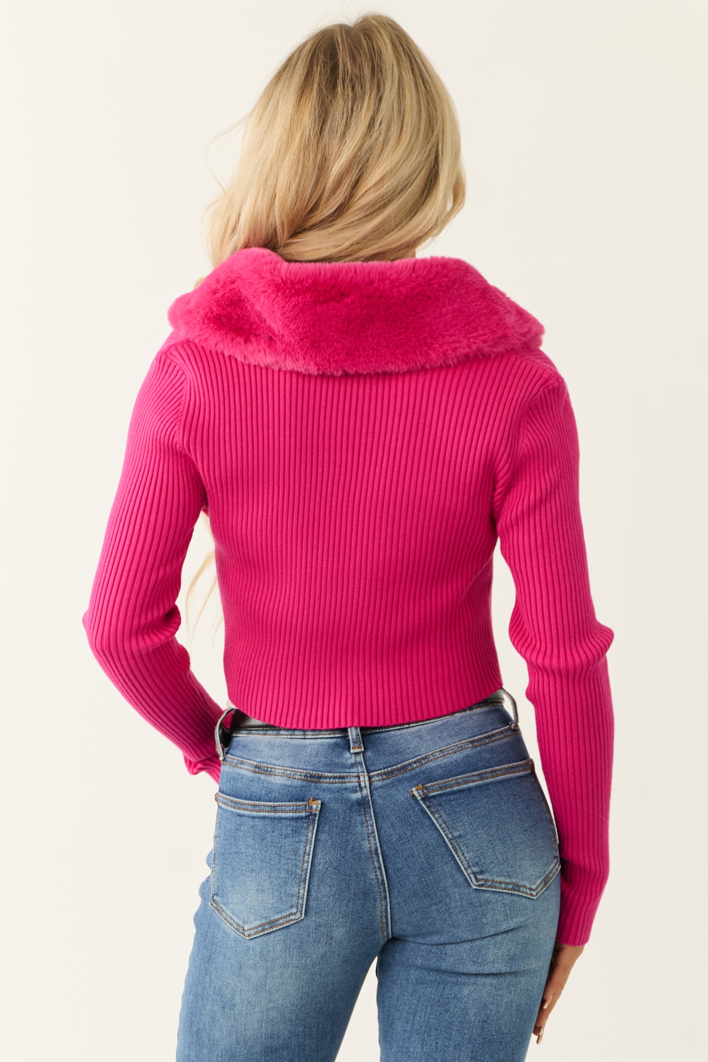 Hot Pink Faux Fur Collar Knit Sweater Cardigan