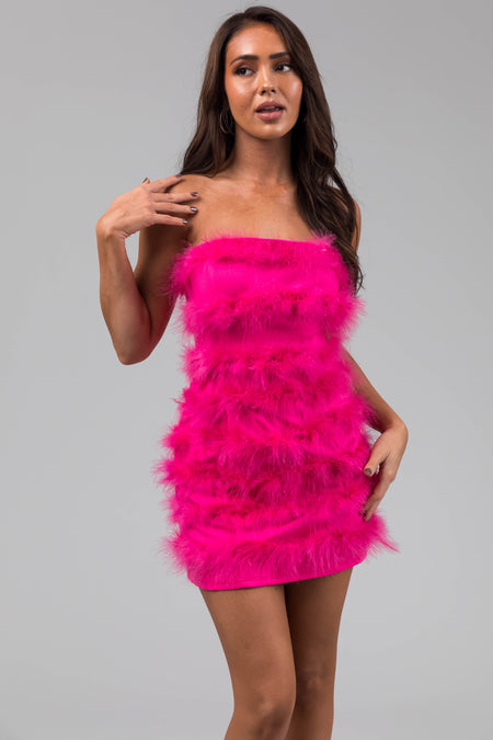 Hot Pink Faux Fur Strapless Mini Dress