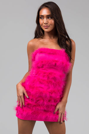 Hot Pink Faux Fur Strapless Mini Dress