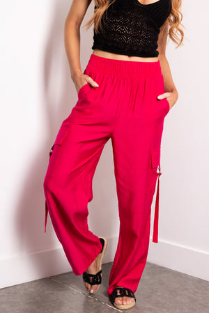 Hot Pink Faux Linen Wide Leg Cargo Pants