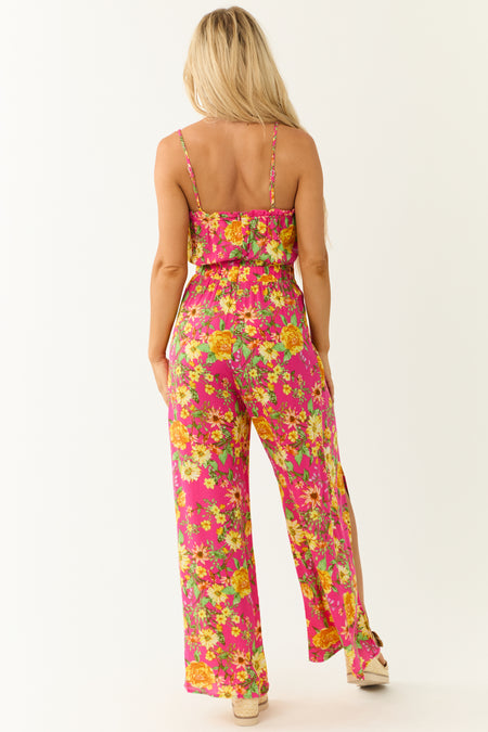 Hot Pink Floral Print Sleeveless Palazzo Jumpsuit