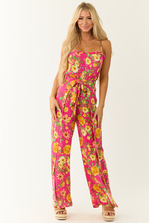 Hot Pink Floral Print Sleeveless Palazzo Jumpsuit