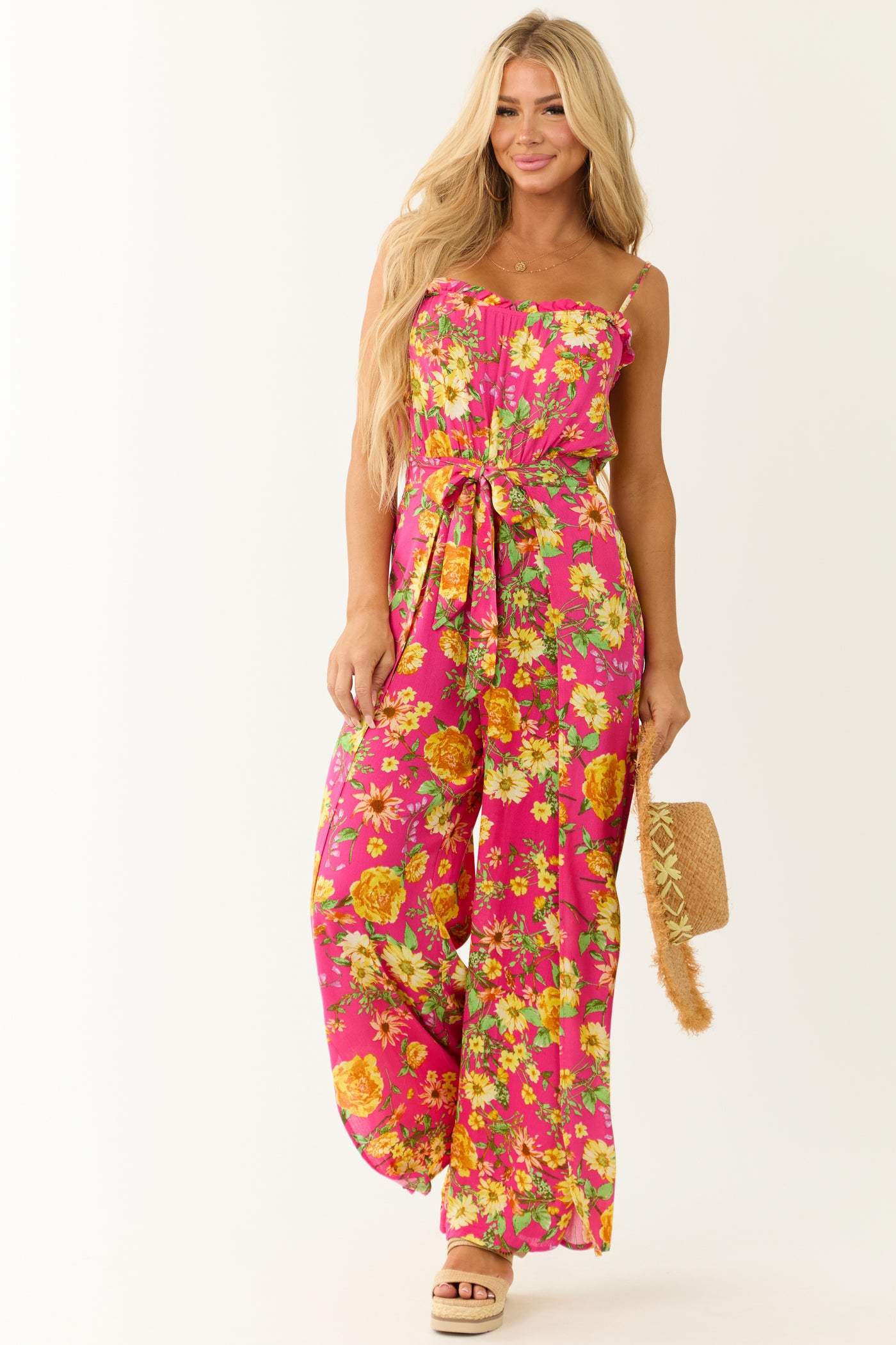 Hot Pink Floral Print Sleeveless Palazzo Jumpsuit