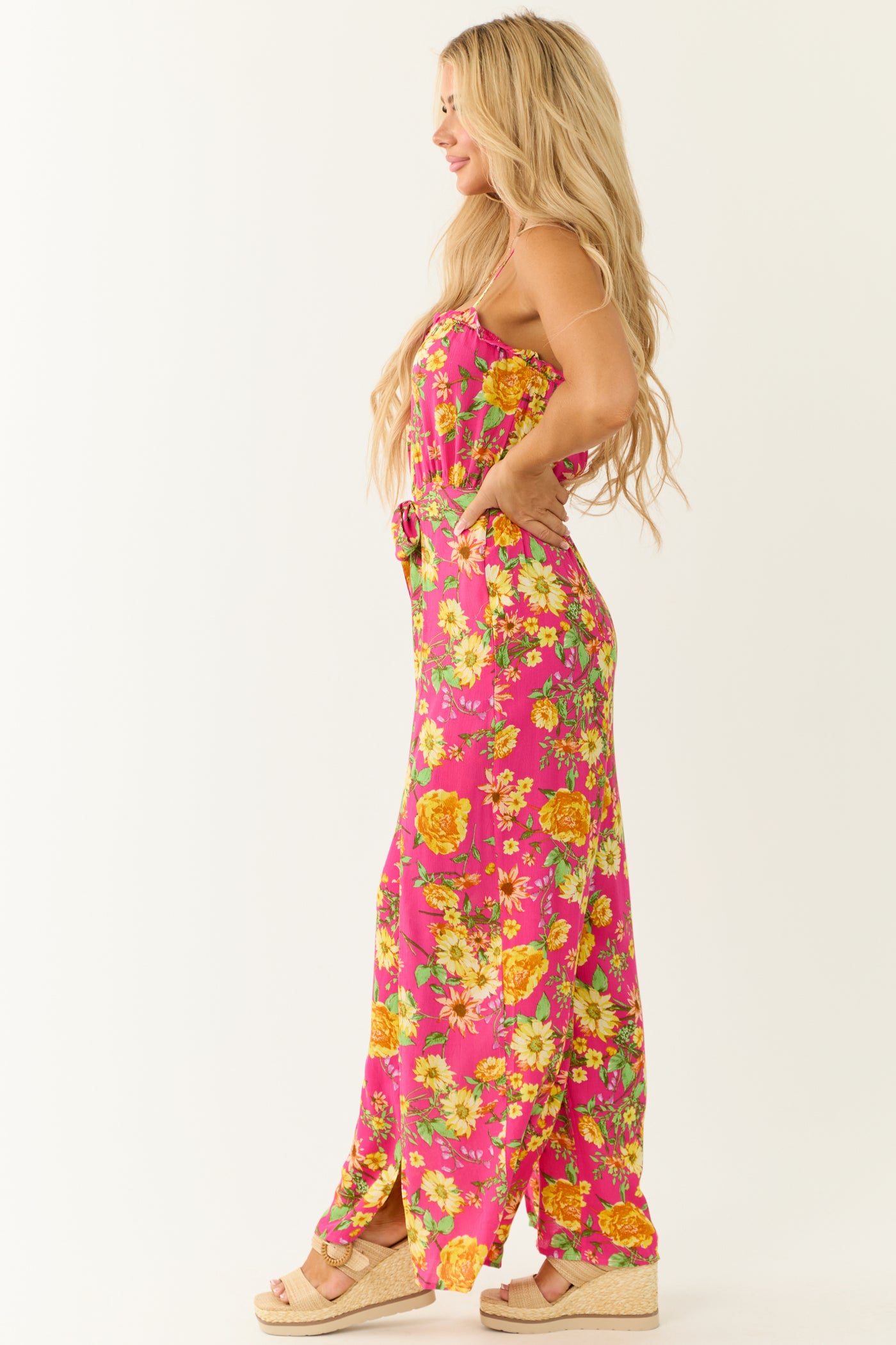 Hot Pink Floral Print Sleeveless Palazzo Jumpsuit