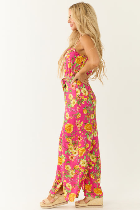 Hot Pink Floral Print Sleeveless Palazzo Jumpsuit