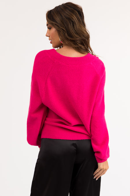 Hot Pink Fuzzy V Neck Sweater