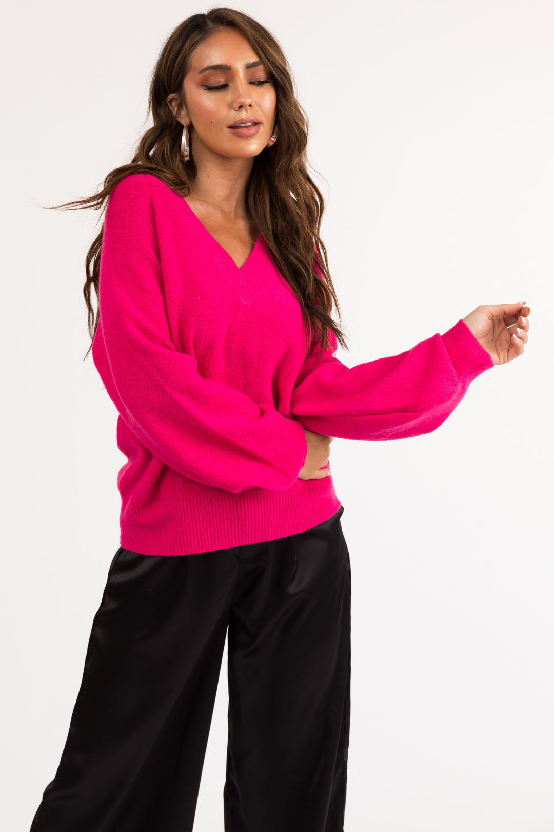 Hot Pink Fuzzy V Neck Sweater & Lime Lush