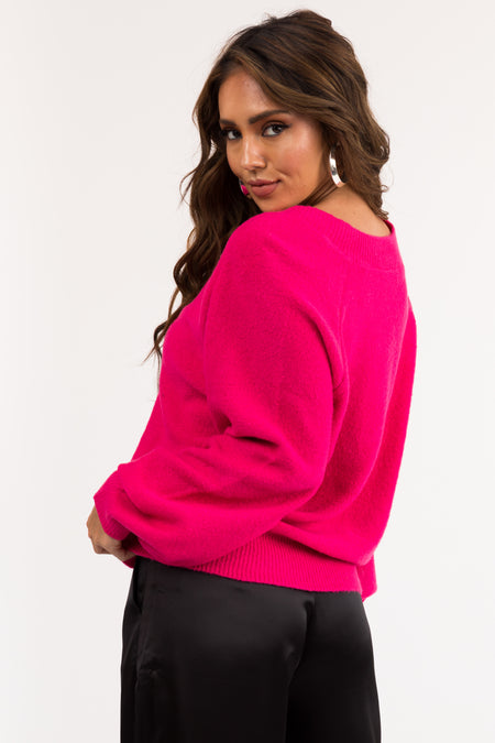 Hot Pink Fuzzy V Neck Sweater