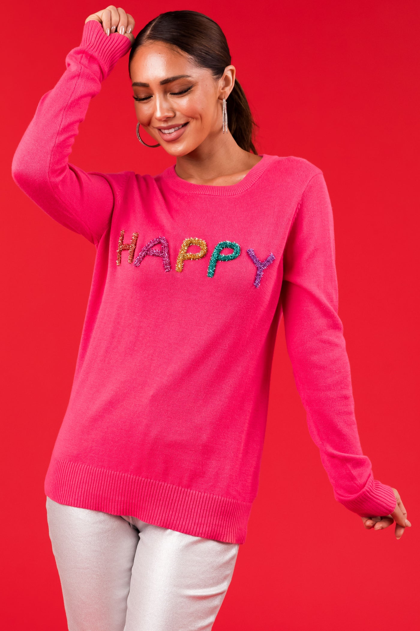 Hot Pink 'Happy' Tinsel Lettering Sweater