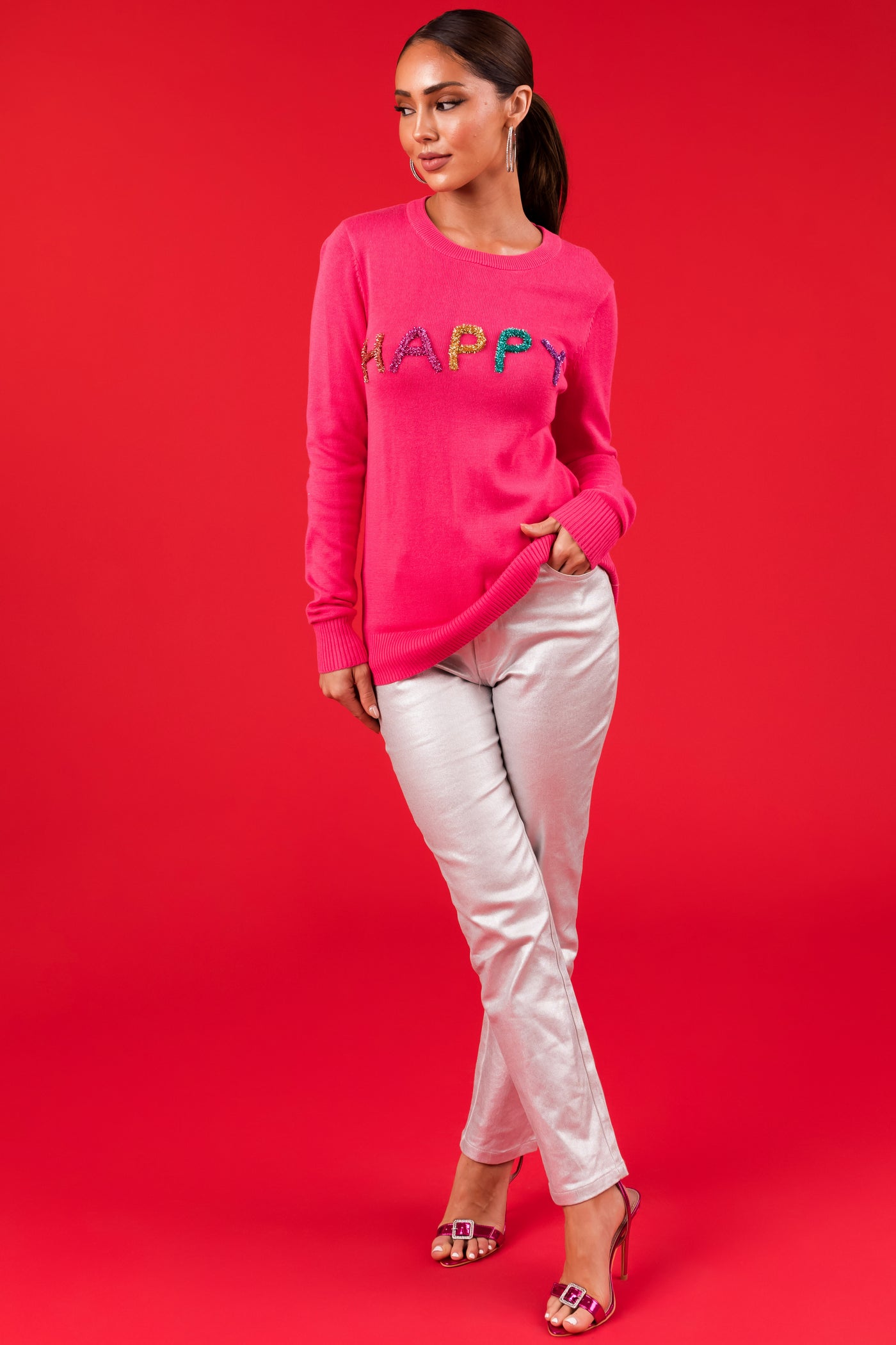 Hot Pink 'Happy' Tinsel Lettering Sweater