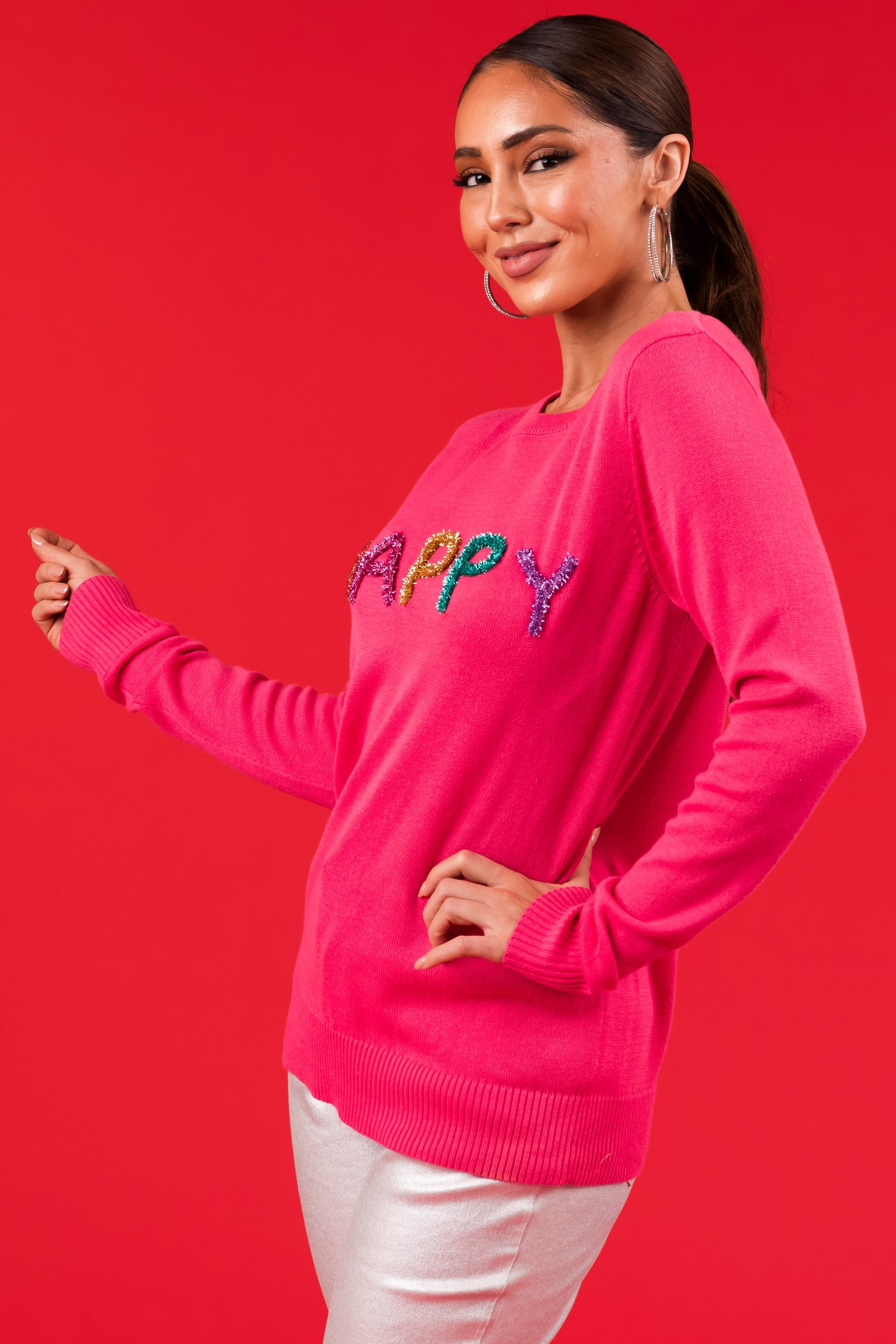 Hot Pink 'Happy' Tinsel Lettering Sweater