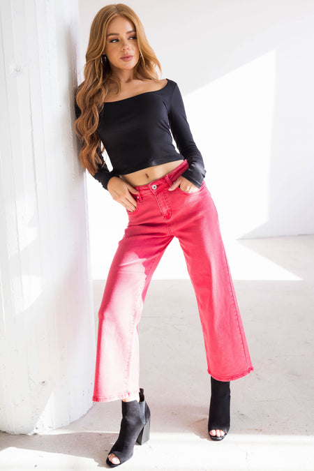 Hot Pink High Rise Super Wide Leg Jeans