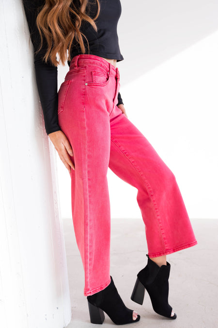 Hot Pink High Rise Super Wide Leg Jeans