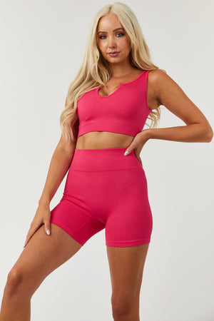 Hot Pink Knit Cropped Top and Biker Shorts Set