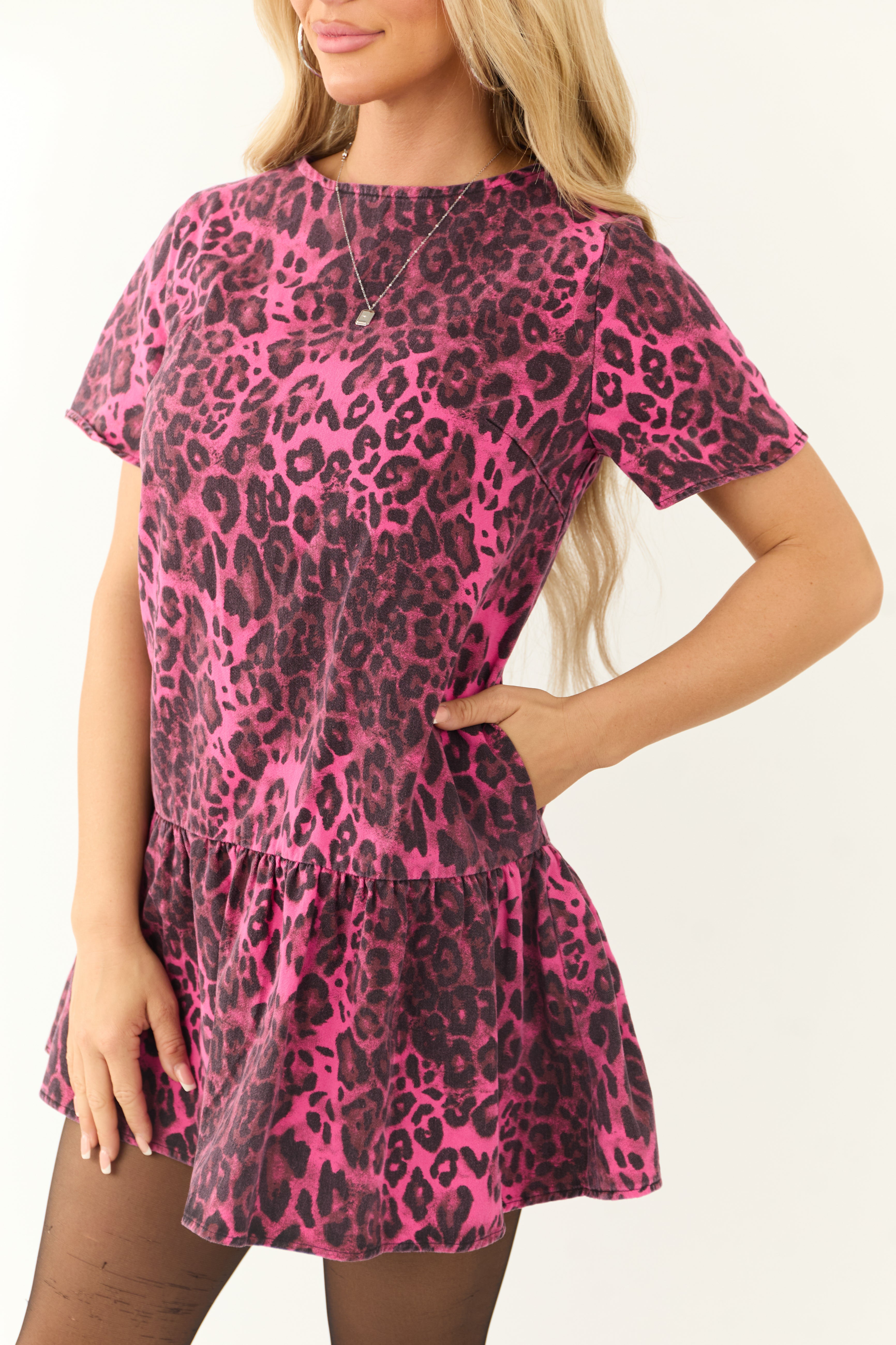 Hot Pink Leopard Print Drop Waist Denim Short Dress