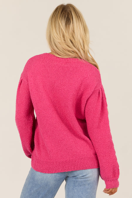 Hot Pink Long Sleeve Pointelle Knit Crew Neck Sweater