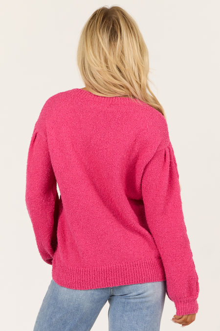 Hot Pink Long Sleeve Pointelle Knit Crew Neck Sweater