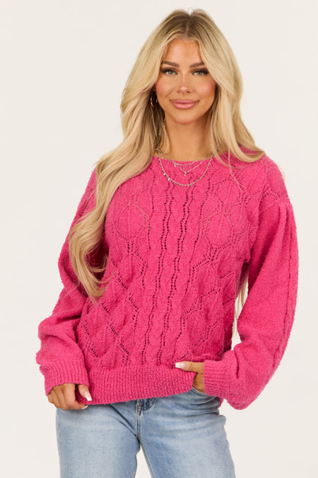 Hot Pink Long Sleeve Pointelle Knit Crew Neck Sweater