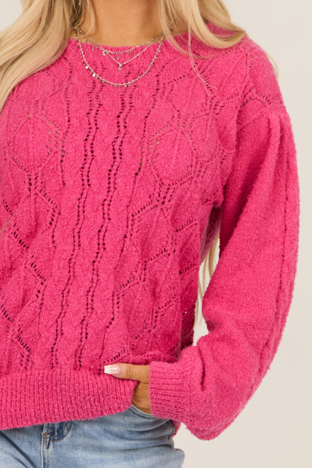 Hot Pink Long Sleeve Pointelle Knit Crew Neck Sweater