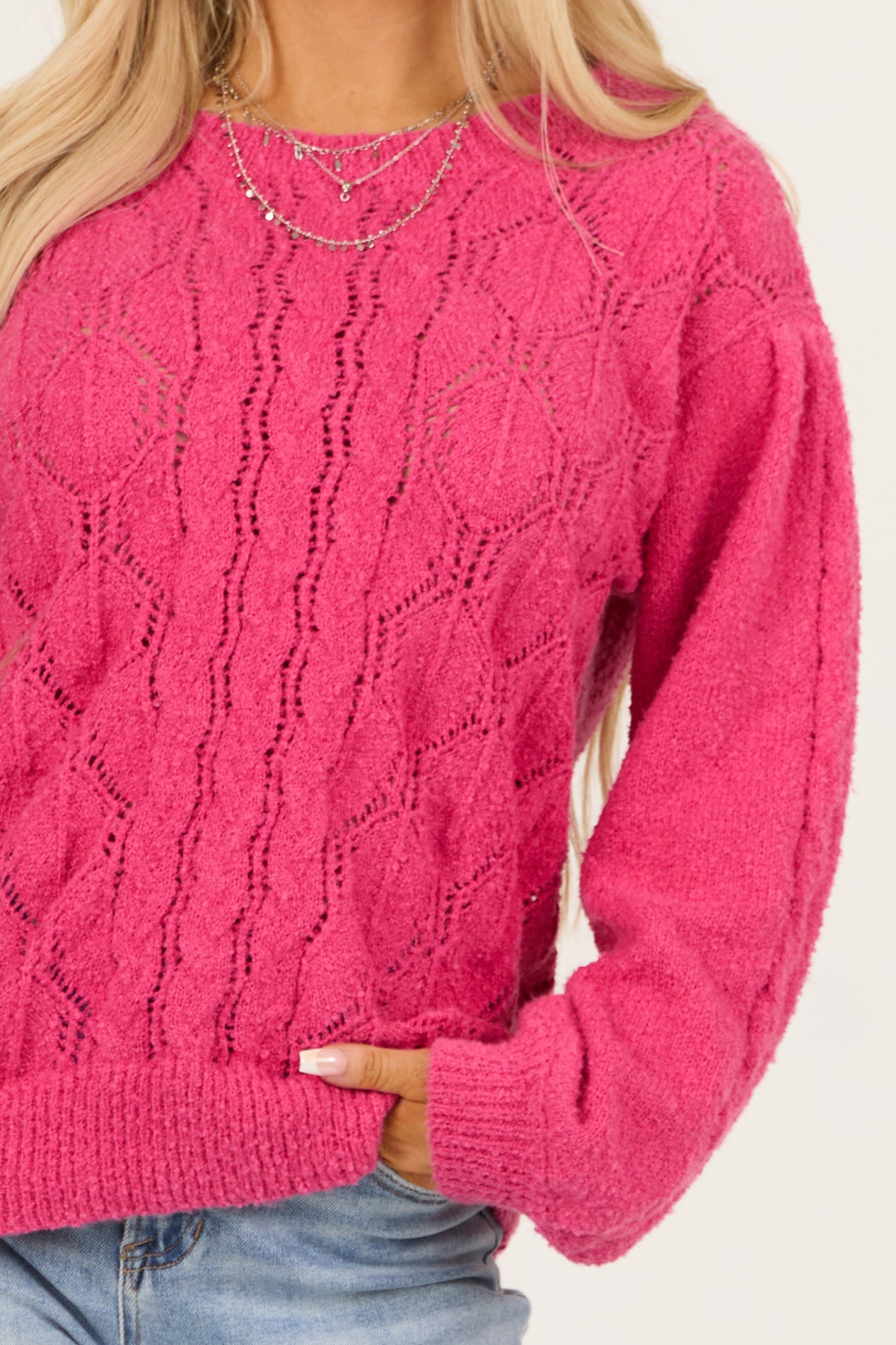 Hot Pink Long Sleeve Pointelle Knit Crew Neck Sweater