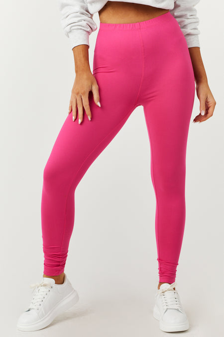 Hot Pink Microfiber Elastic Waist Leggings