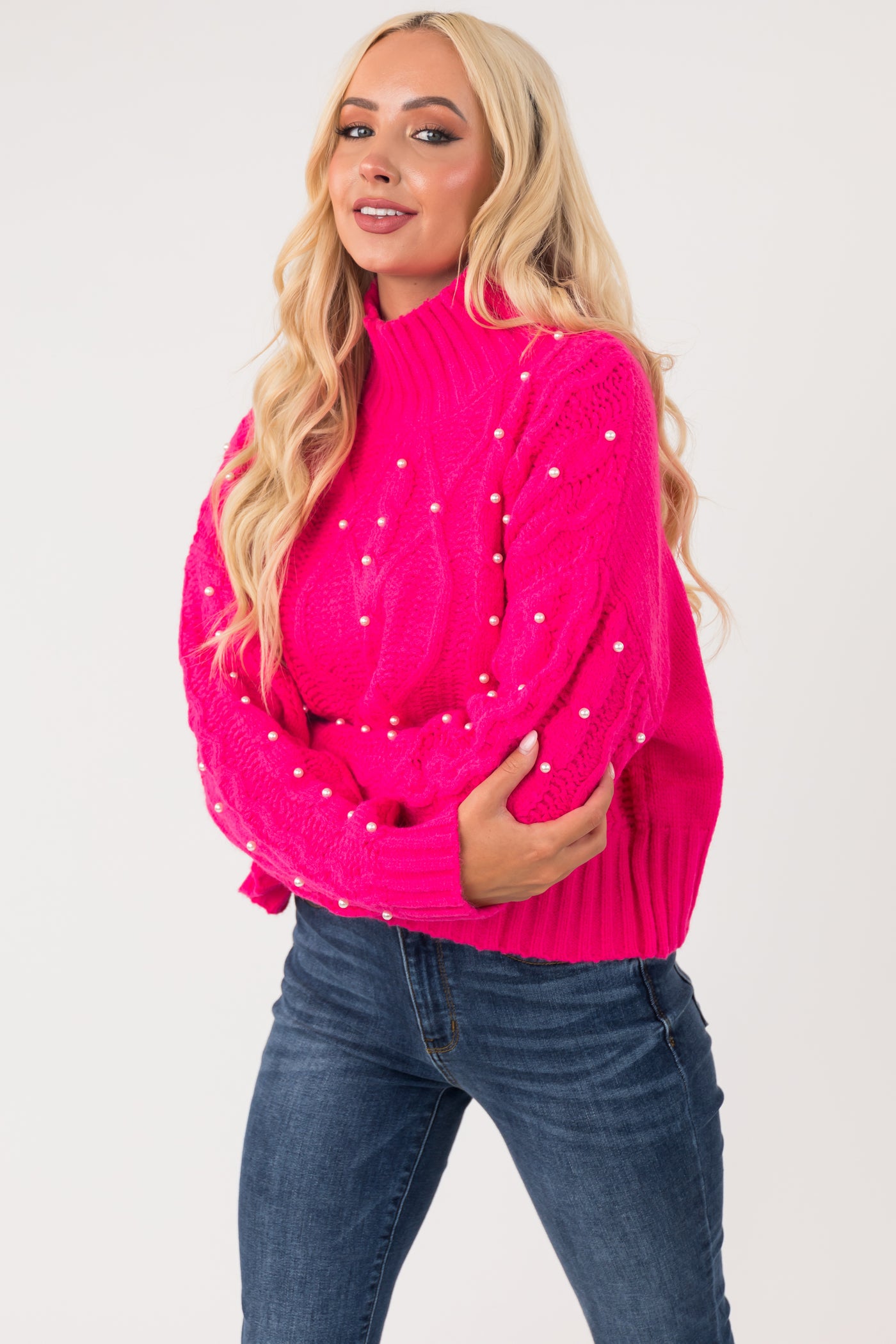 Hot Pink Pearl Embellished Cable Knit Sweater