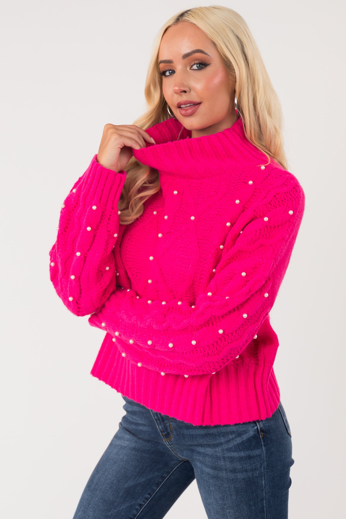 Hot Pink Pearl Embellished Cable Knit Sweater | Lime Lush