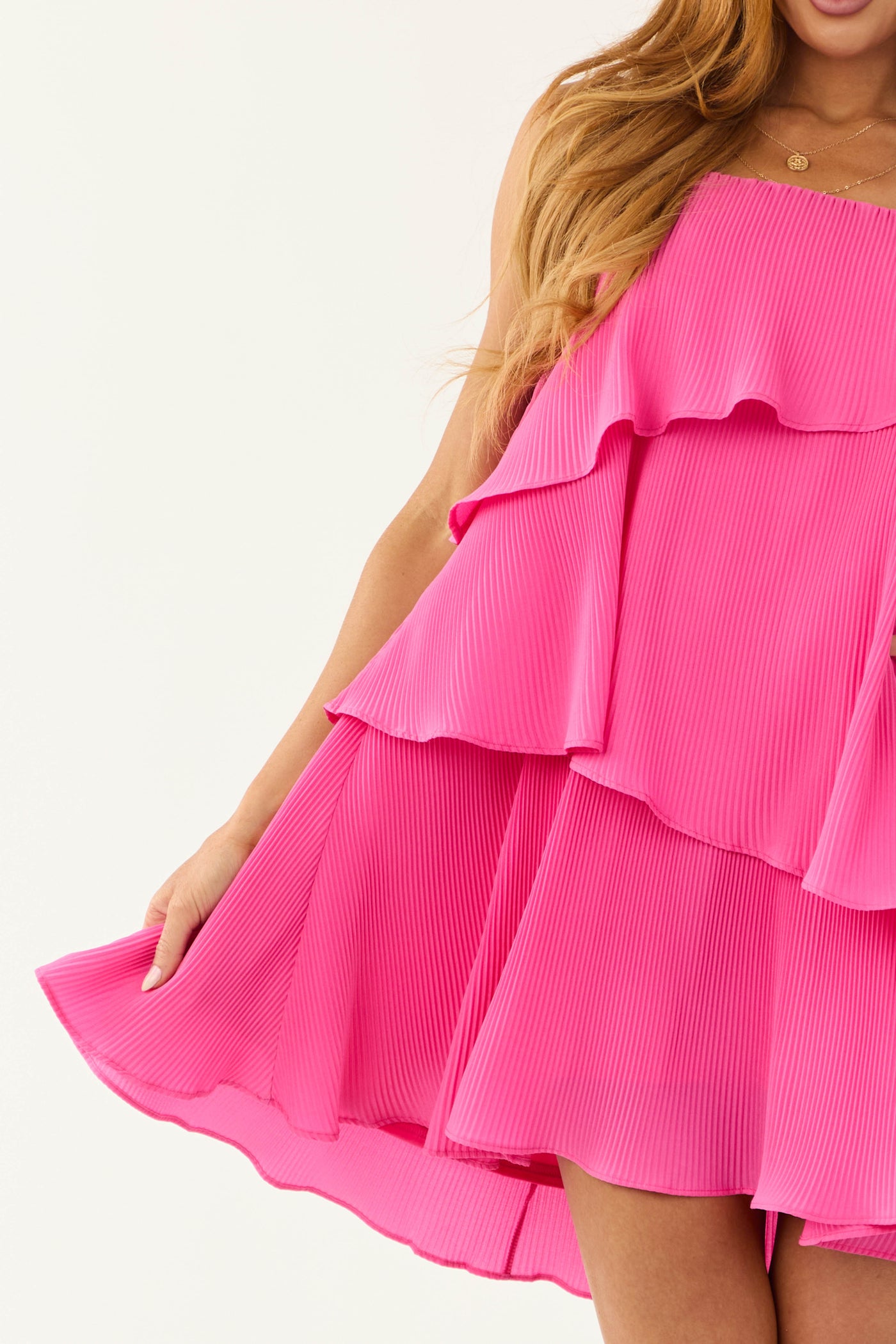 Hot Pink Plisse Asymmetrical Tiered Mini Dress