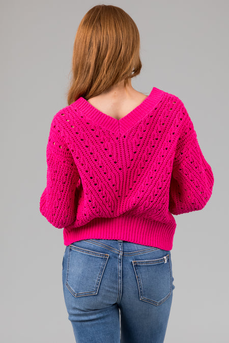 Hot Pink Pointelle Cut Out Chenille Sweater