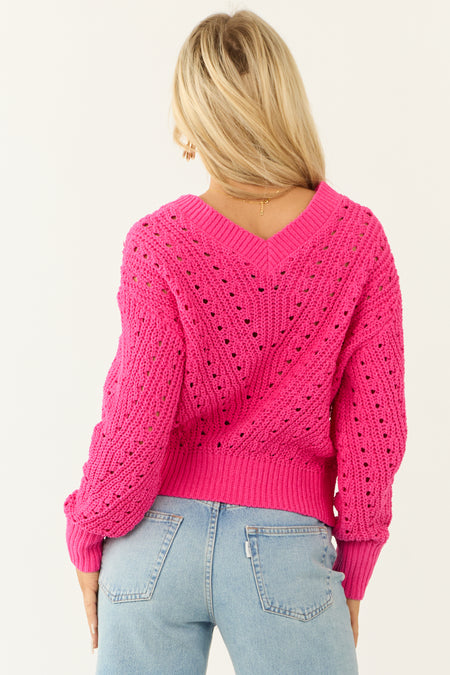 Hot Pink Pointelle Cut Out Chenille Sweater