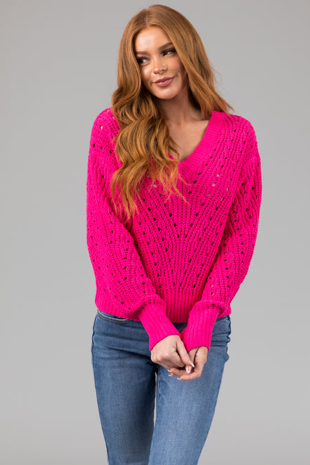 Hot Pink Pointelle Cut Out Chenille Sweater