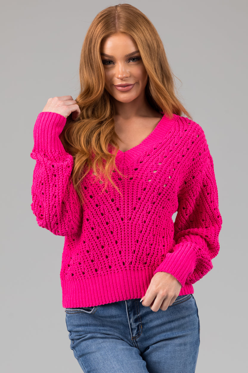 Hot Pink Pointelle Cut Out Chenille Sweater