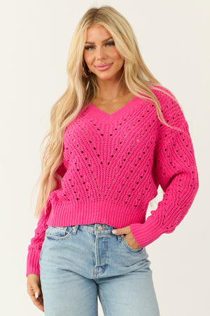 Hot Pink Pointelle Cut Out Chenille Sweater