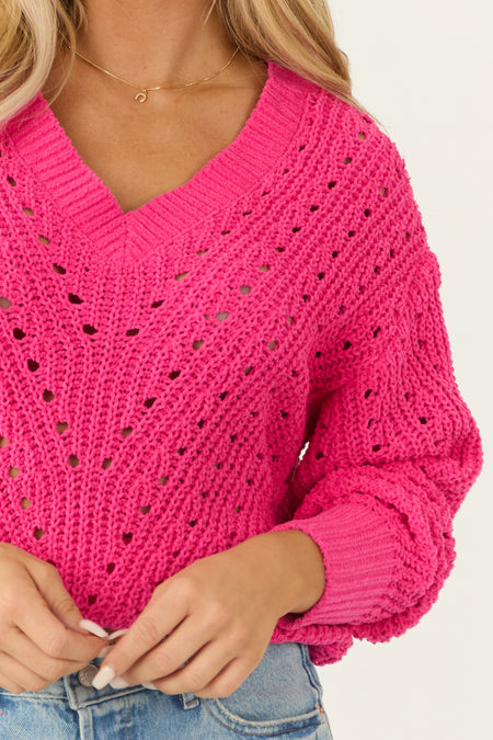 Hot Pink Pointelle Cut Out Chenille Sweater