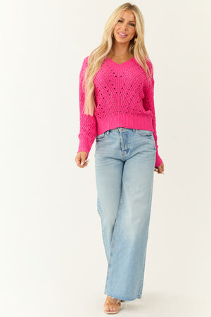 Hot Pink Pointelle Cut Out Chenille Sweater