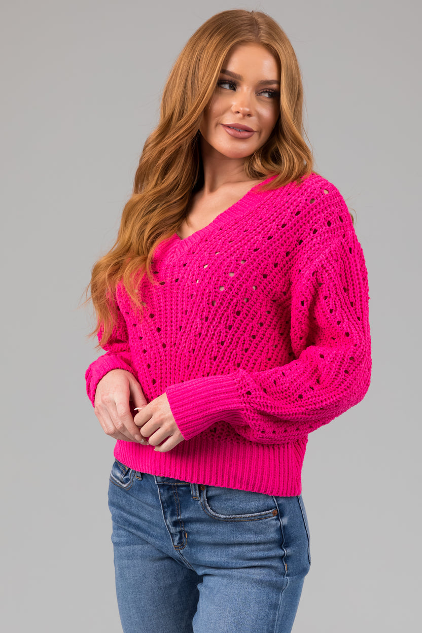 Hot Pink Pointelle Cut Out Chenille Sweater