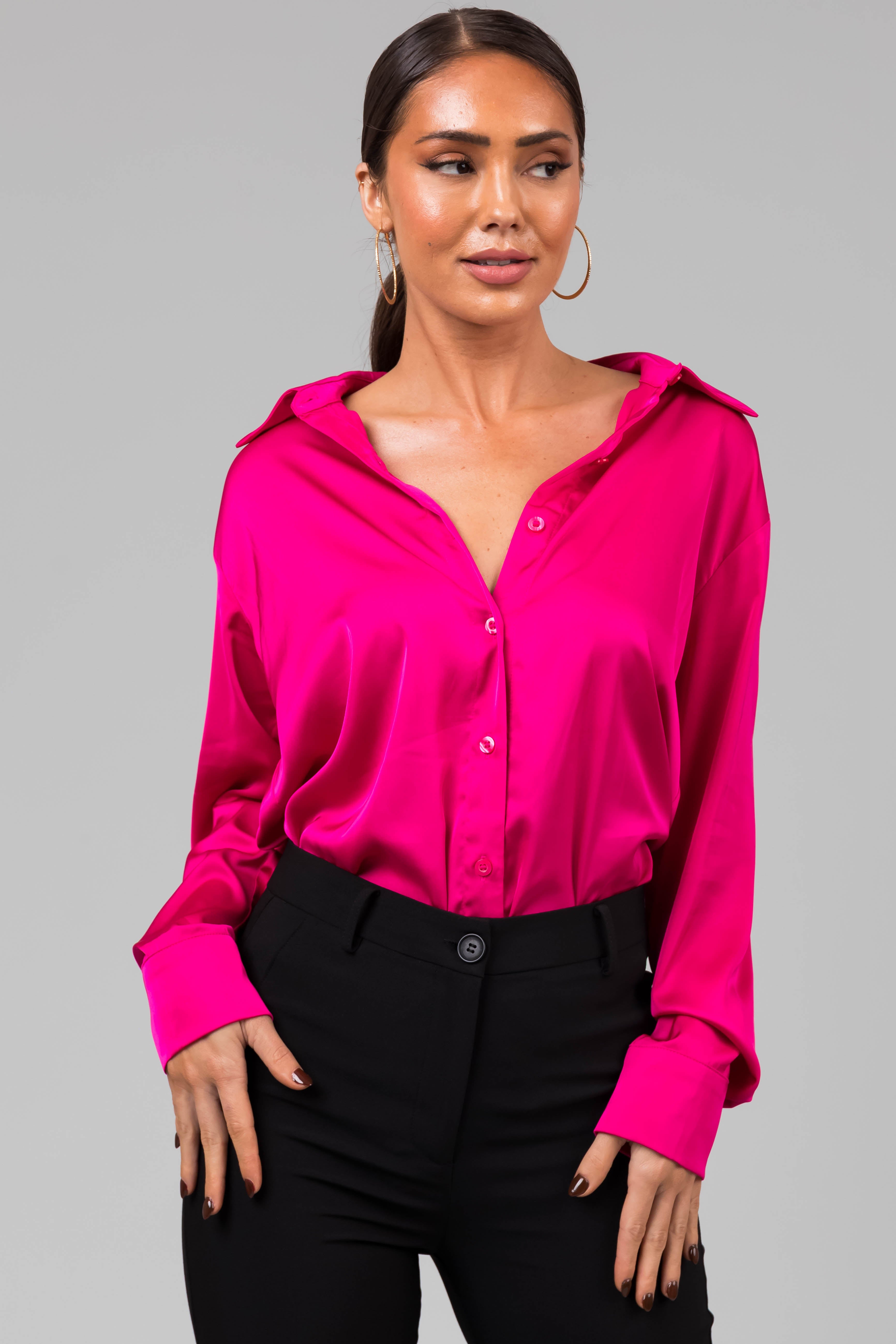 Hot Pink Satin Button Front Collared Shirt | Lime Lush