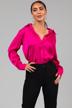 Hot Pink Satin Button Front Collared Shirt