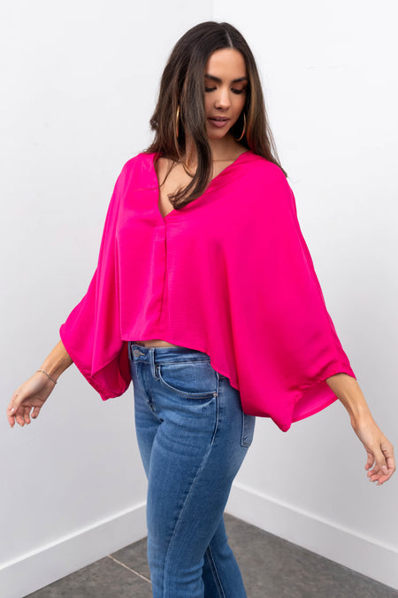 Hot Pink Satin Kimono Sleeve V Neck Crop Top