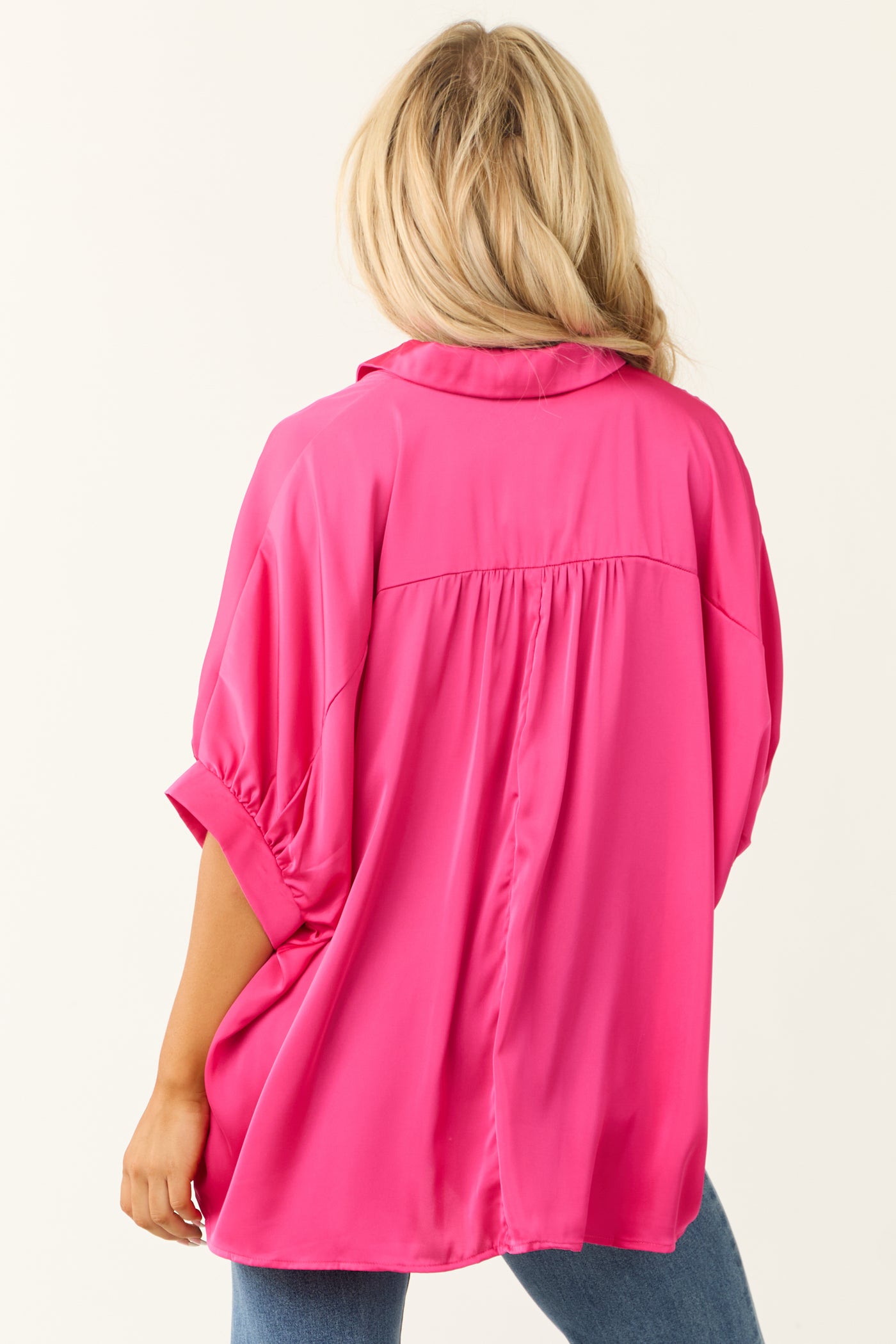 Hot Pink Satin Oversized Button Up Blouse