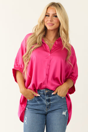 Hot Pink Satin Oversized Button Up Blouse