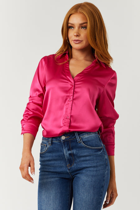 Hot Pink Satin V Neck Button Down Blouse