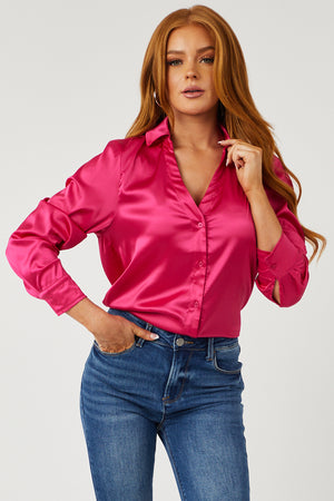 Hot Pink Satin V Neck Button Down Blouse