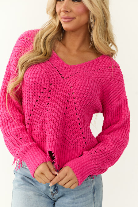 Hot Pink Scalloped Fringe Hem Chenille Sweater