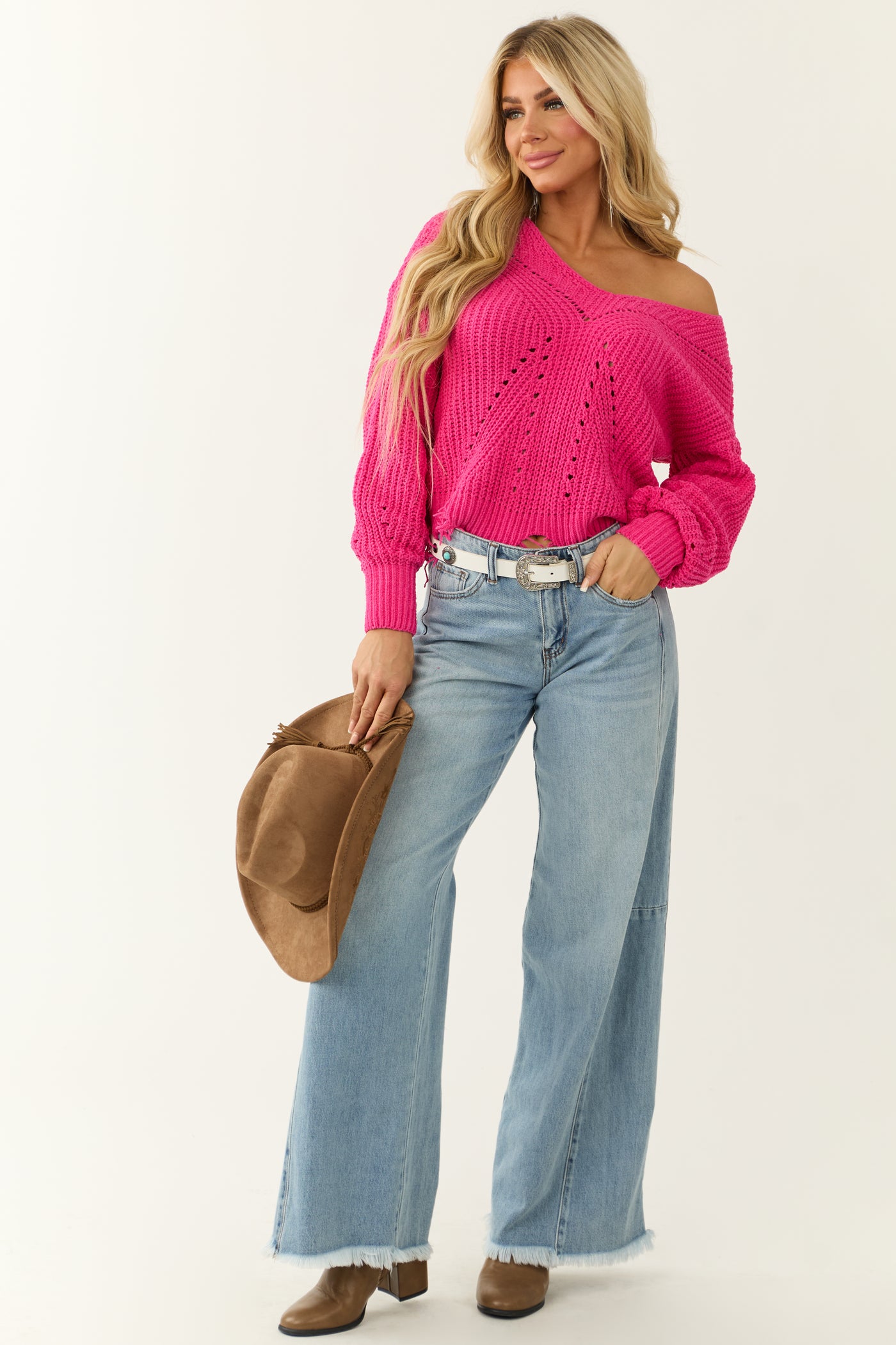 Hot Pink Scalloped Fringe Hem Chenille Sweater