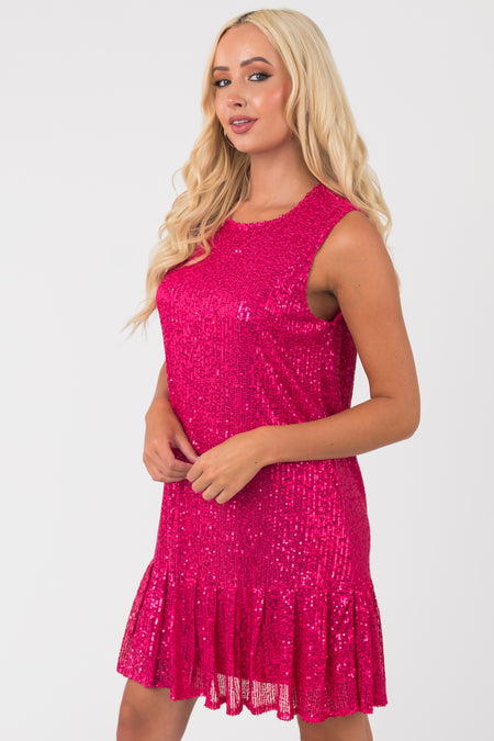 Hot Pink Sequin Ruffle Hem Sleeveless Dress